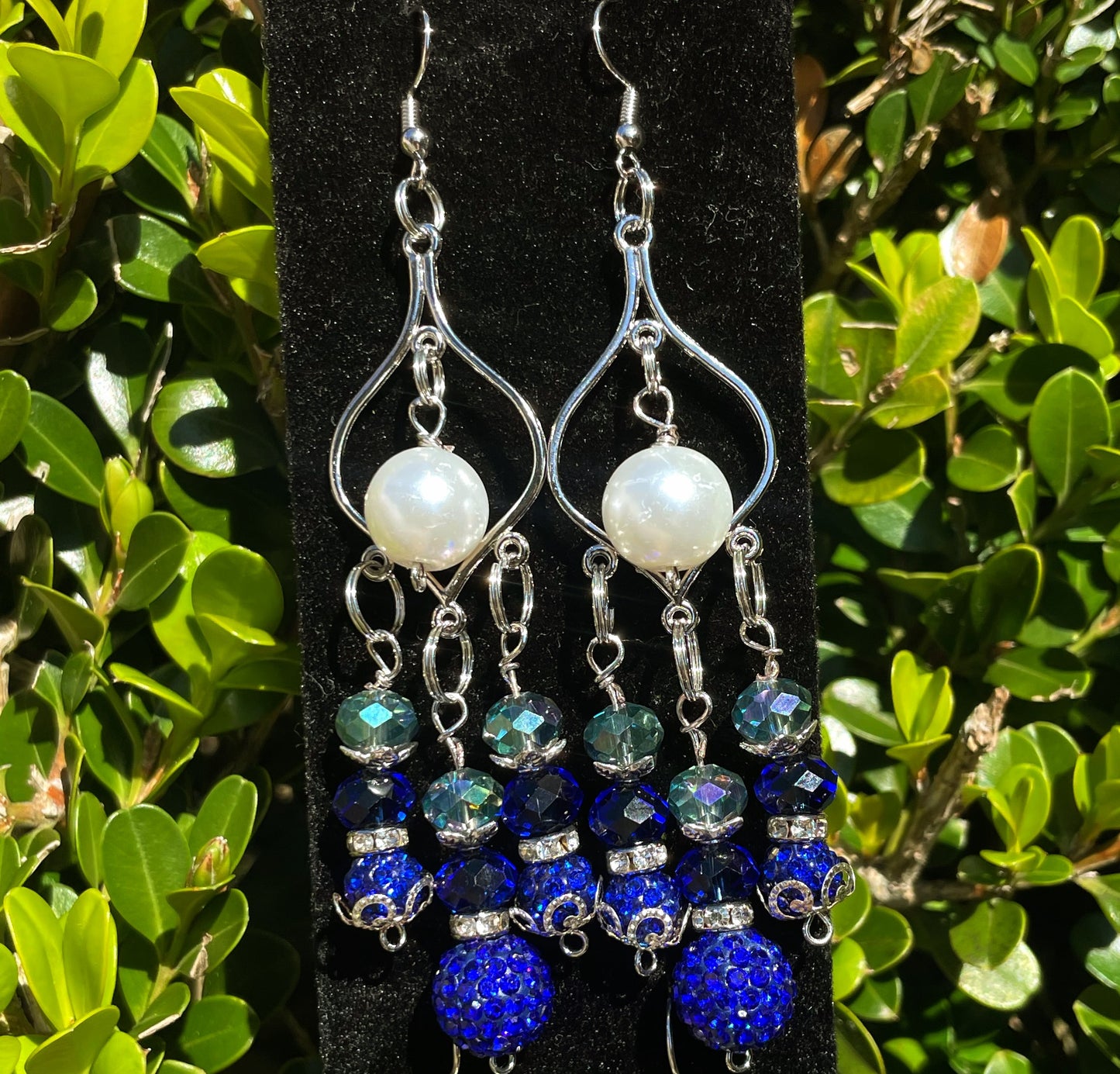 Sterling Silver Blue White Pearl Chandelier Earrings