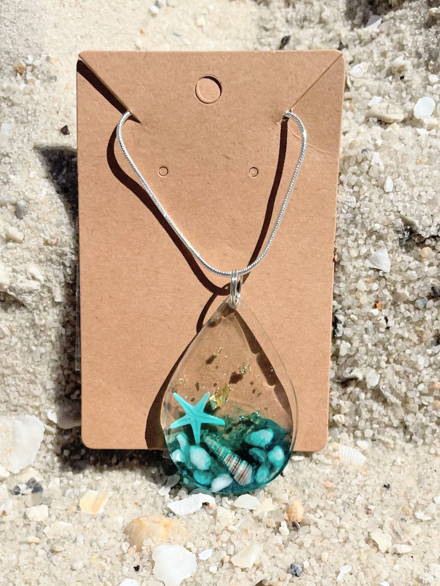 Sterling Silver Drop Resin Beach Necklace With Shells