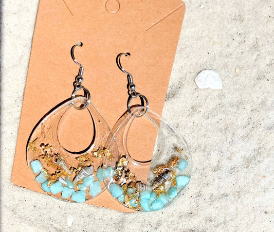 Rustic Beach Blue & Gold Resin Drop Earrings